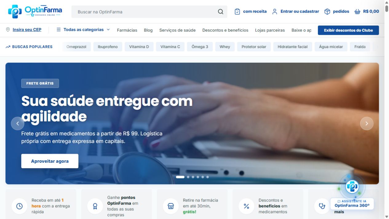 Tela real da demonstração Optinfarma em computador com busca, categorias, ofertas, benefícios e assistente virtual
